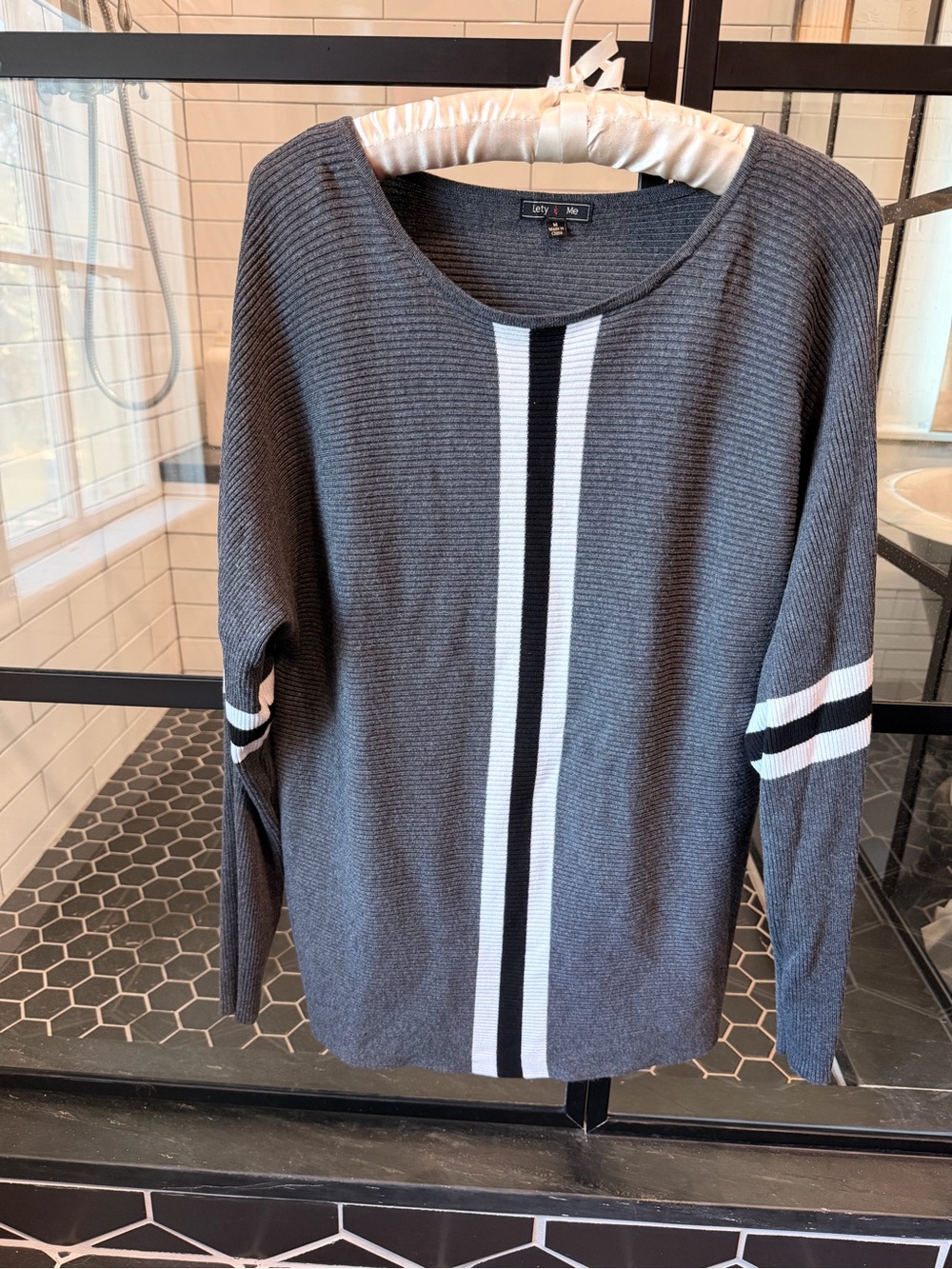 City by City Charcoal Ribbed Scoop-Neck Sweater with Center Stripe
